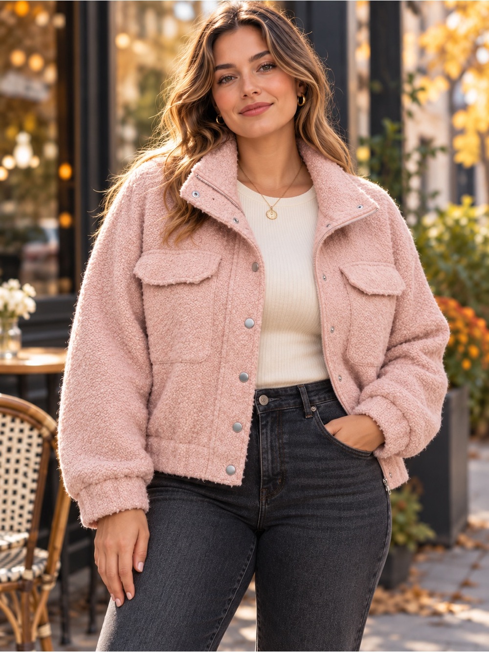 Michael Stars Leti Blush Pink Bouclé Wool Alpaca Utility Jacket Large